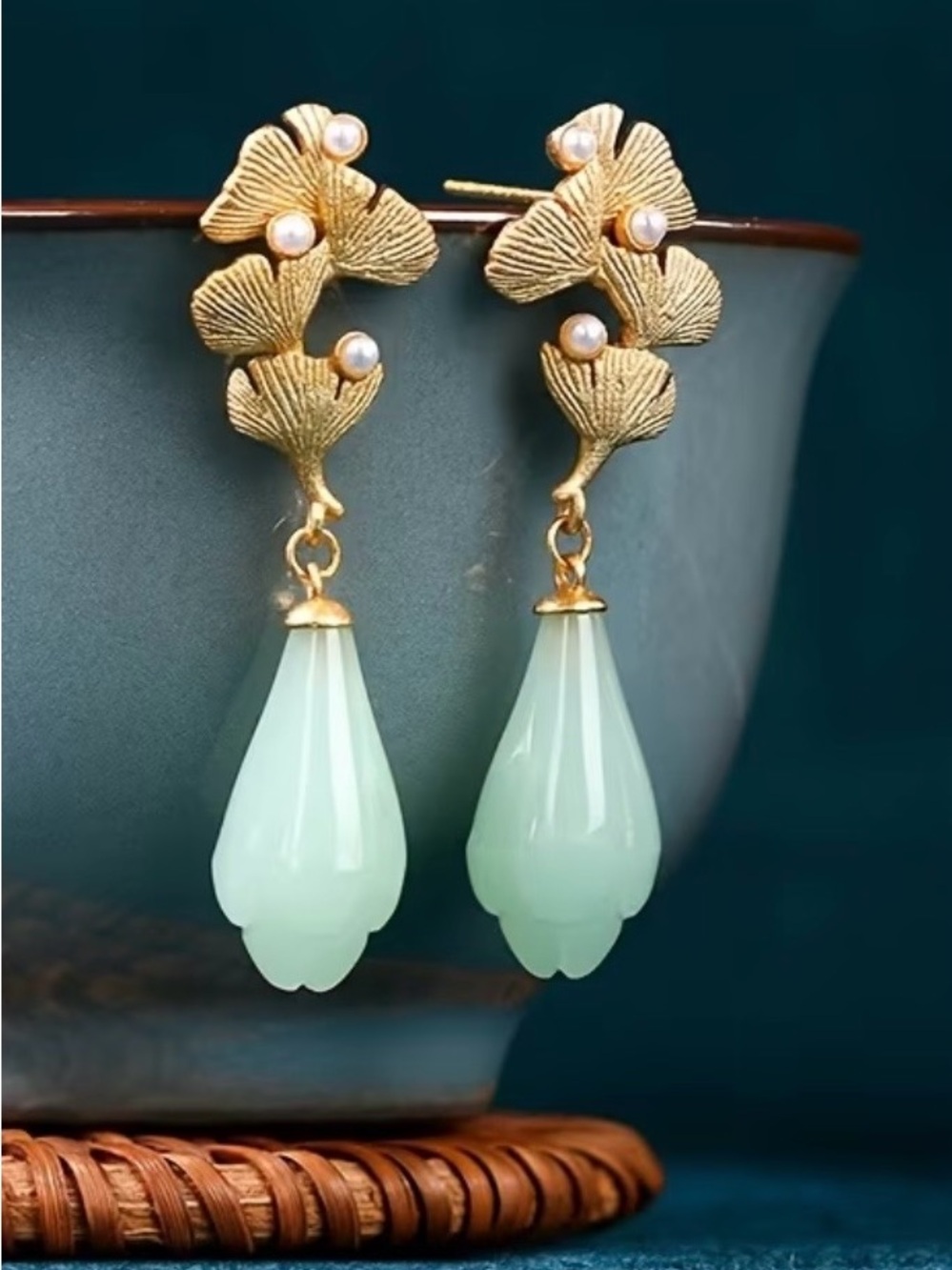 Gold Ginkgo Leaf Drop Earrings with Mint Green Teardrops